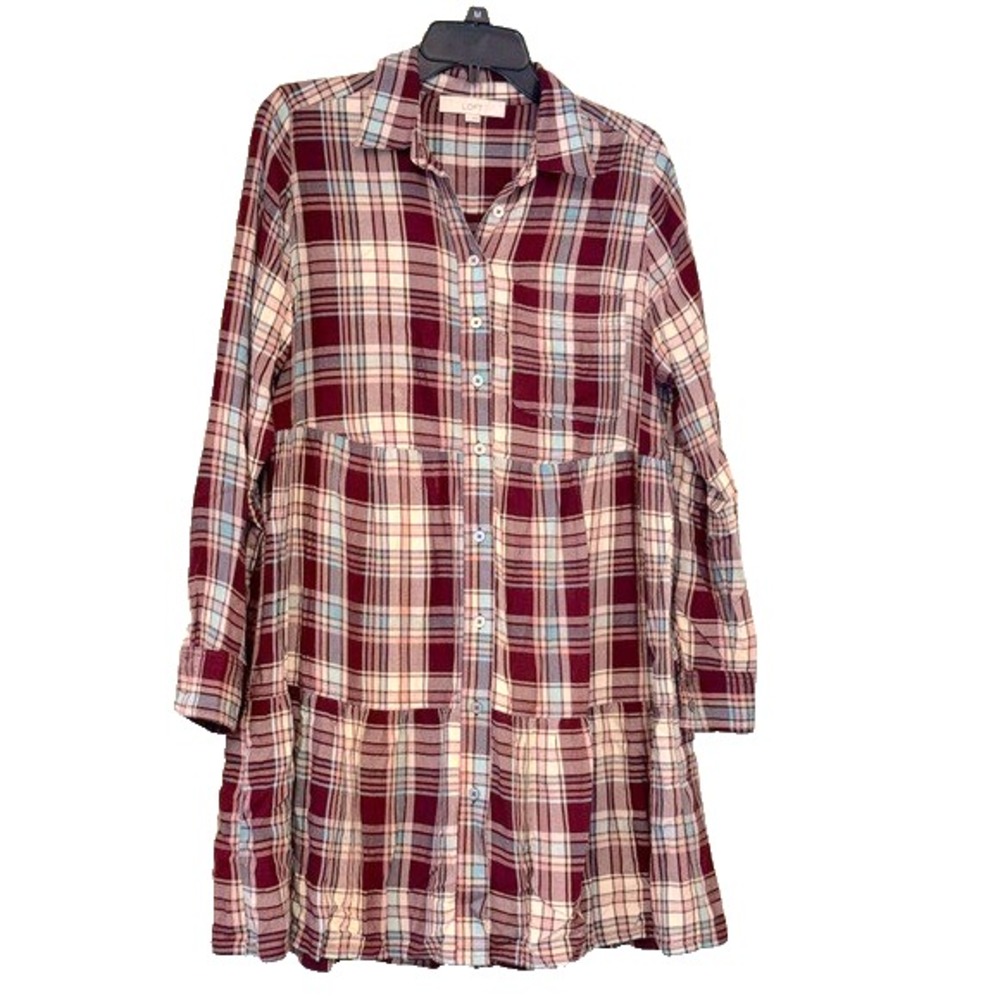 Loft Plaid Tiered Button Down Shirt Dress Burgundy Blue‎ Size S Long Sleeve